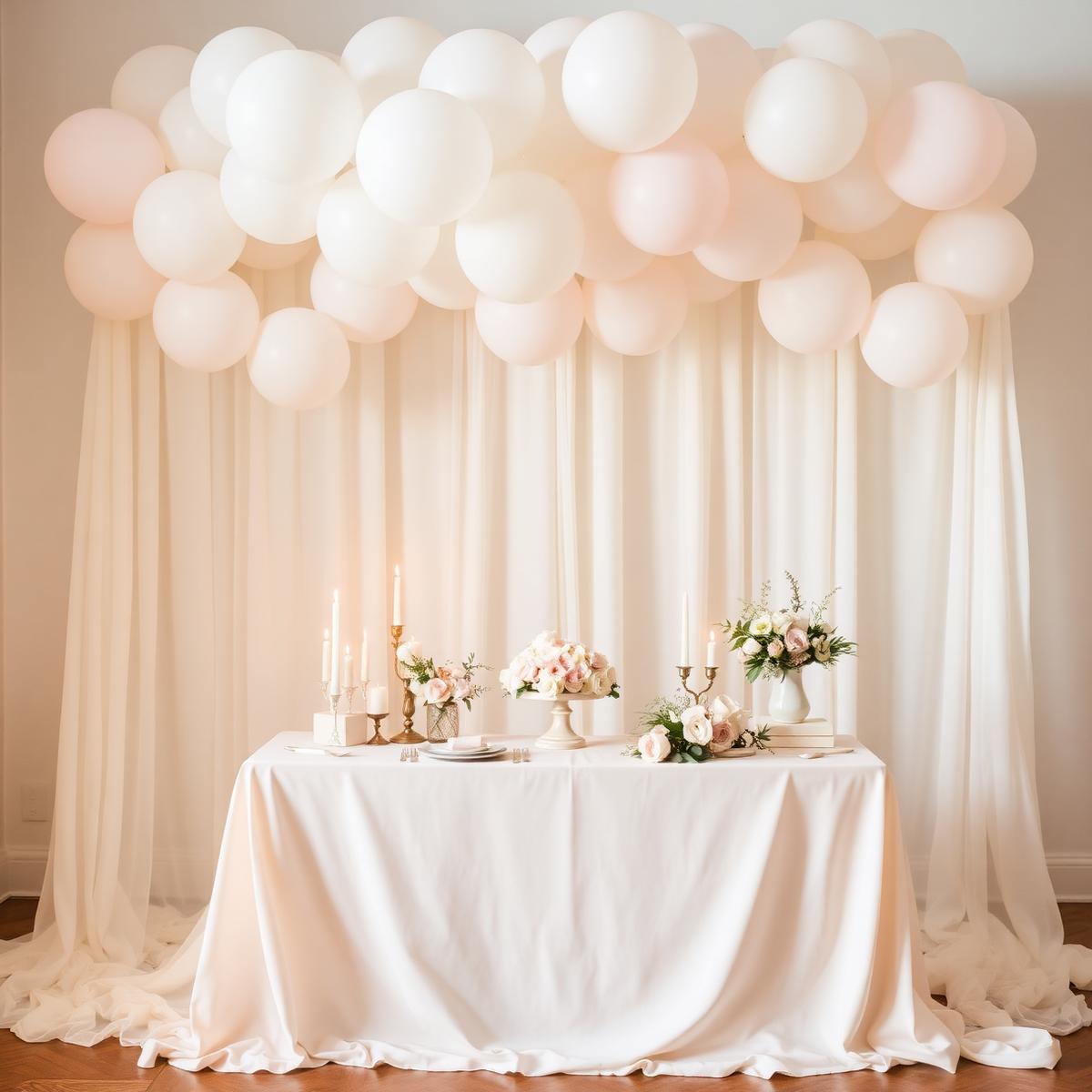 Soft ivory and blush baby shower décor with a balloon cloud and floral table styling