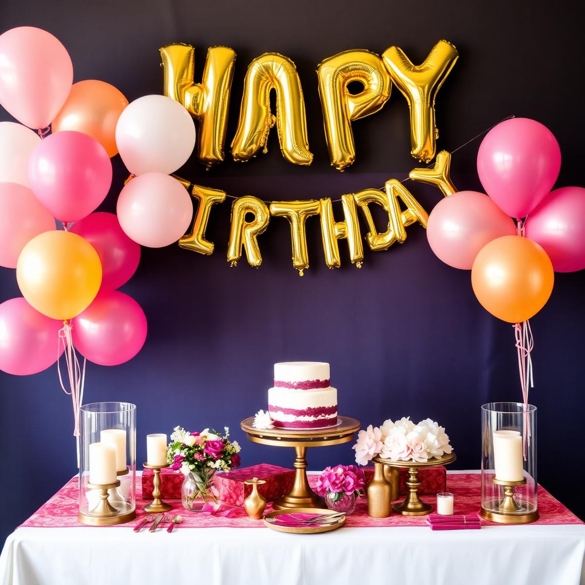 Birthday party décor with balloons, styled cake table, and gold accents