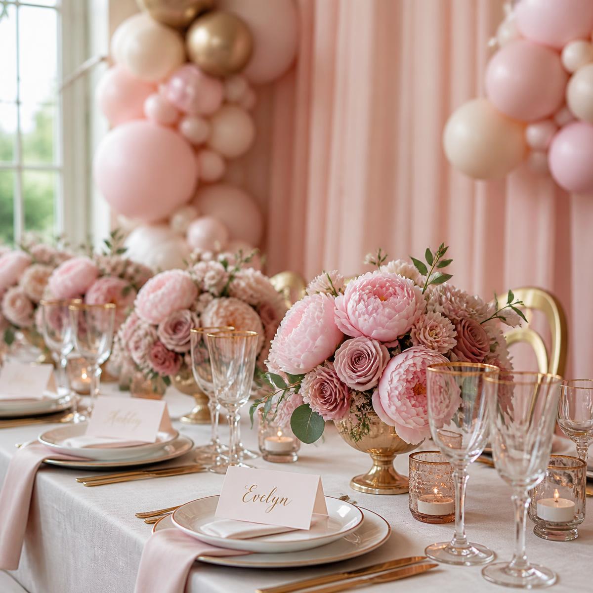 Bridal shower table styled with blush peonies, gold vessels, and a pastel balloon garland