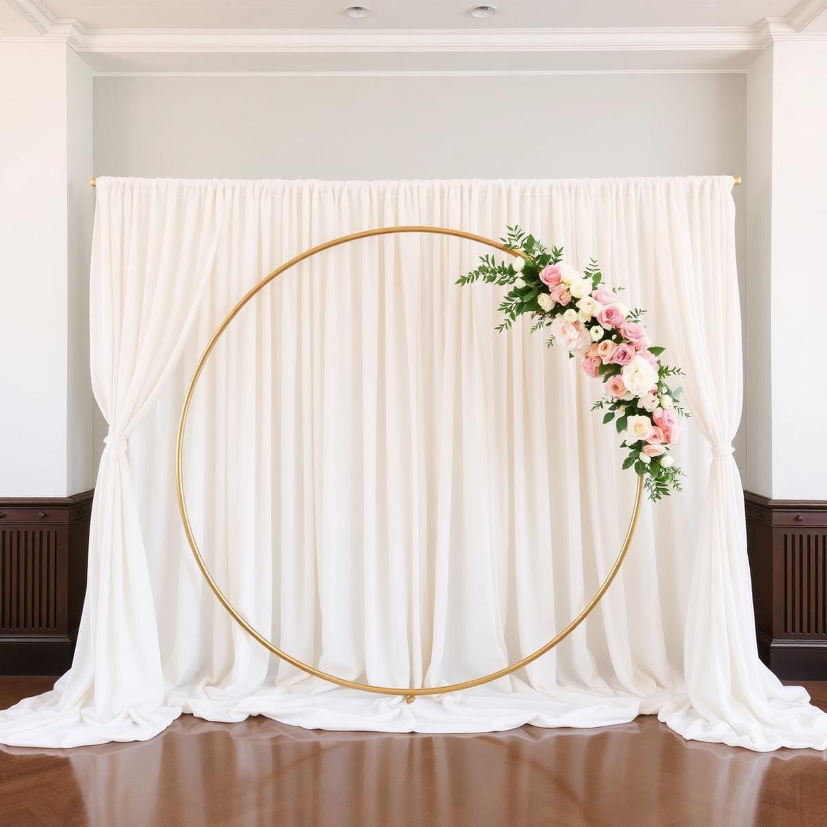 Custom event backdrop with a gold circle frame, ivory drapery, and blush florals
